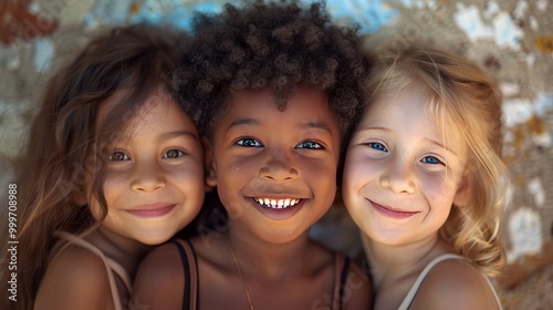 A close-up shot of three children with diverse skin tones and hair types