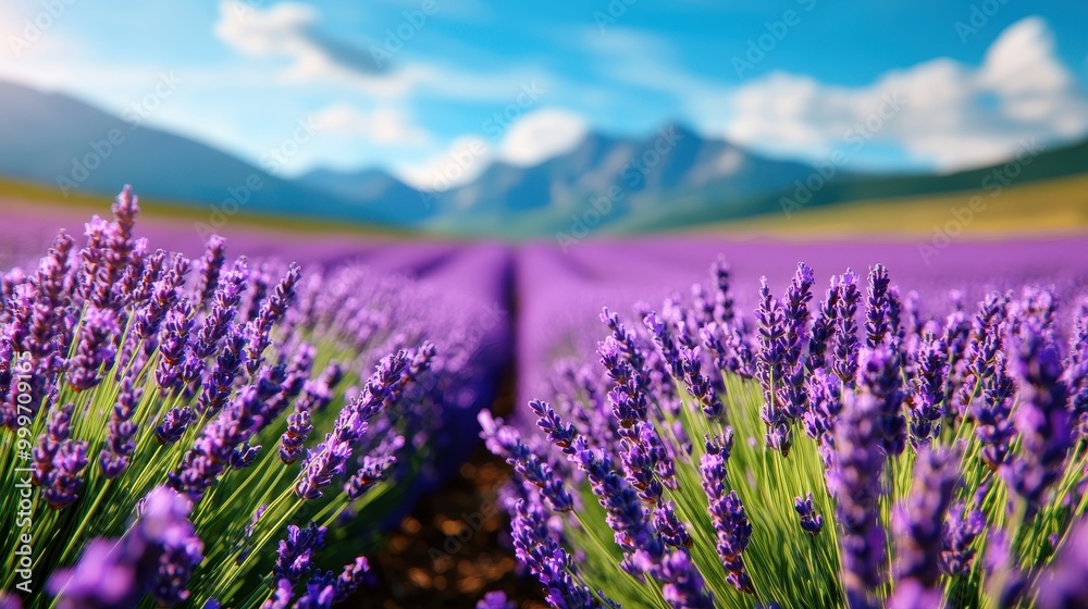 Obraz premium Expansive Lavender Fields Under Clear Blue Sky