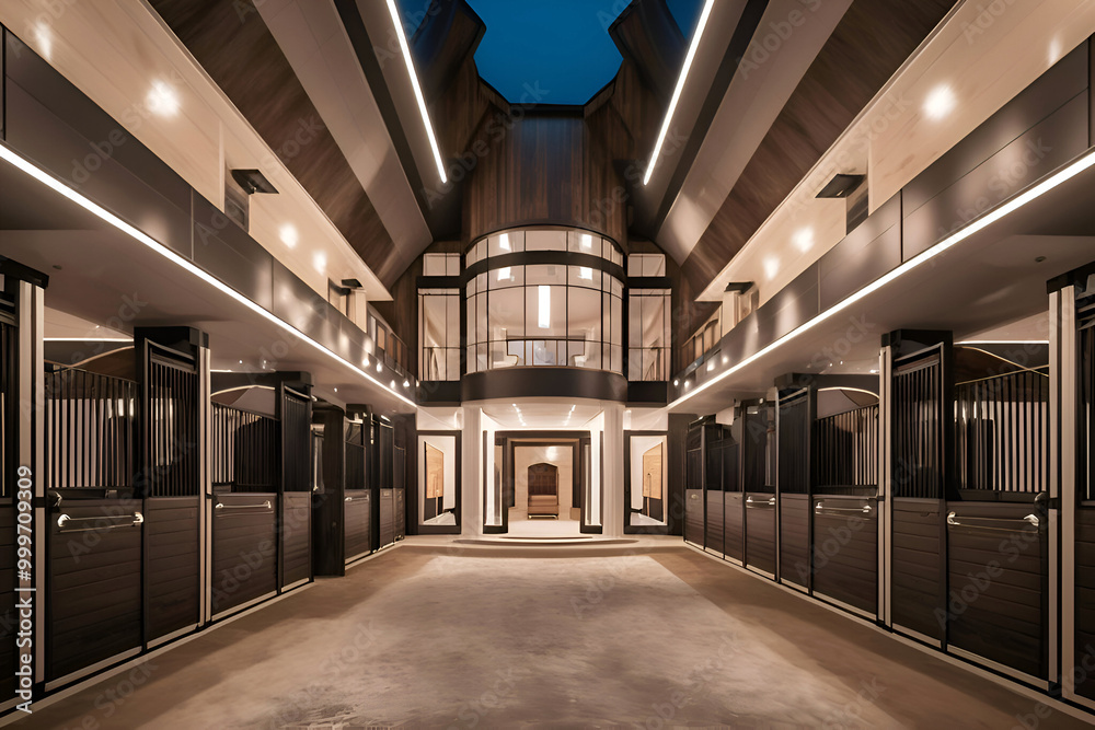 luxery modern stable combain with house with ilumination at night. Equestrian concept. Ai generated