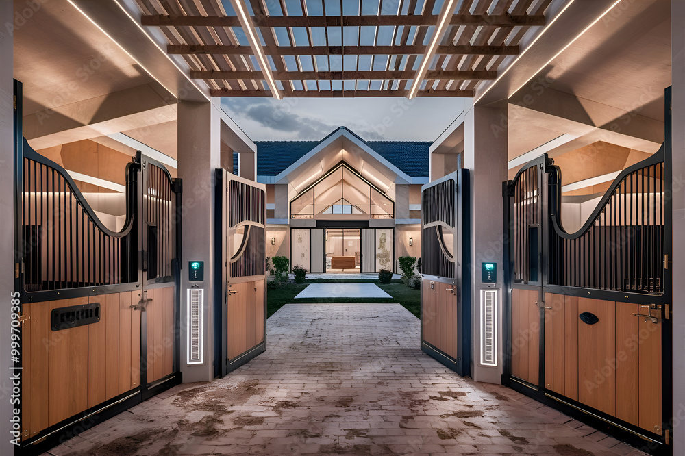 luxury modern stable combine with house with illumination at night. Equestrian concept. Ai generated