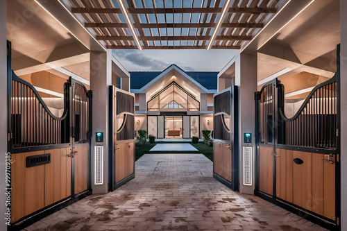 Obraz na płótnie luxury modern stable combine with house with illumination at night. Equestrian concept. Ai generated w salonie