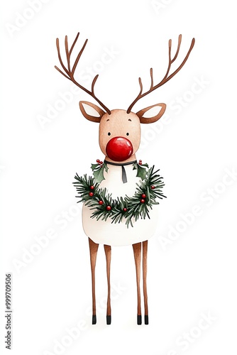 Reindeer with wreath, white isolate background