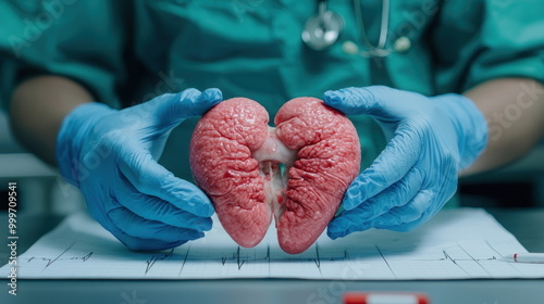 Surgeon Holding Human Kidney. photo