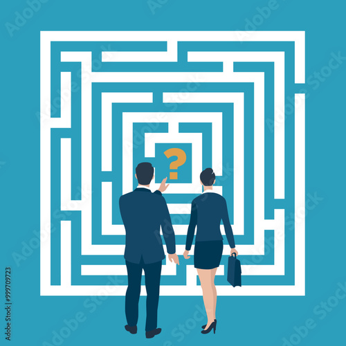 Finding a path. Searching for a solution.  Business couple looking at white labyrinth. Business concept illustration
