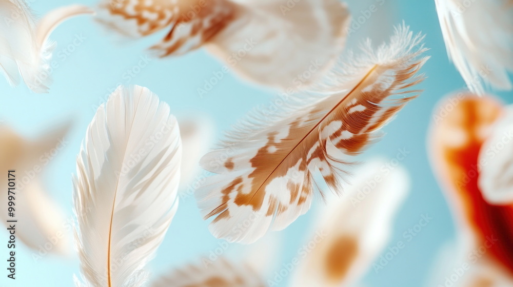 Fototapeta premium White and Brown Feathers Falling on Blue Background.