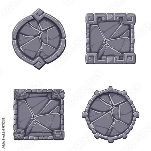Stone sign board game UI illustration in Aztek style. APP frame for your icons, cracked granite rock frame. Solid gray stone texture background, tile interface decorative element on white background