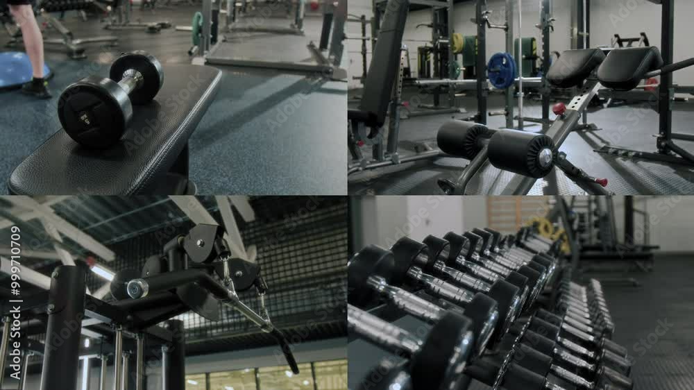 Split screen showing dumbbells, cable machine and hyperextension bench in modern well-equipped gym Split screen showing dumbbells, cable machine and hyperextension bench in modern well-equipped gym