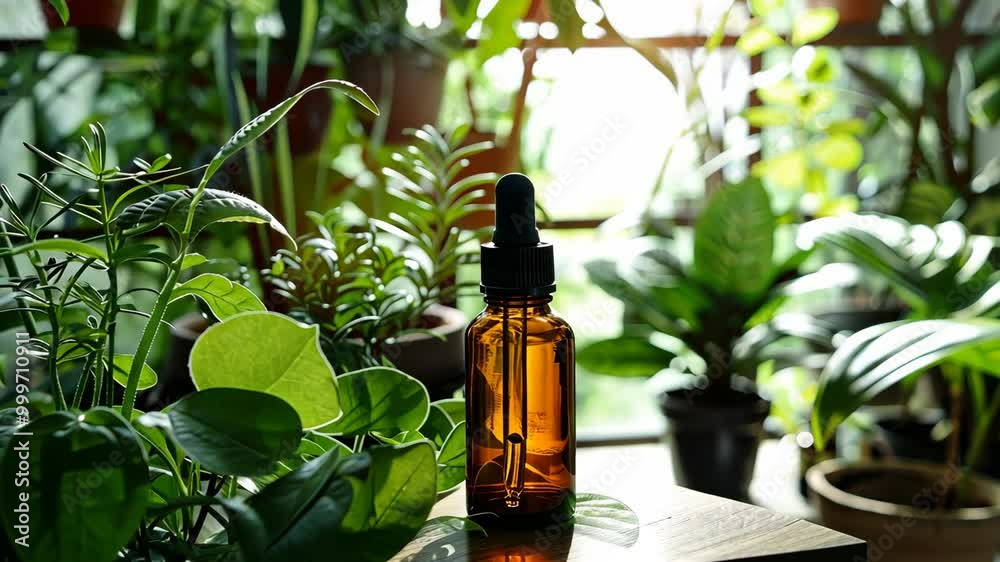 A glass bottle of essential oil sits amongst lush greenery in a bright, sunny room A glass bottle of essential oil sits amongst lush greenery in a bright, sunny room