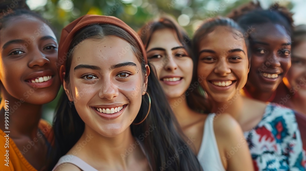 Fototapeta premium A diverse group of young women, all smiling and standing close together