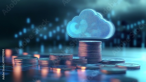 Stacks of coins with a cloud icon symbolize cloud financial planning, highlighting cost management and budgeting in cloud computing