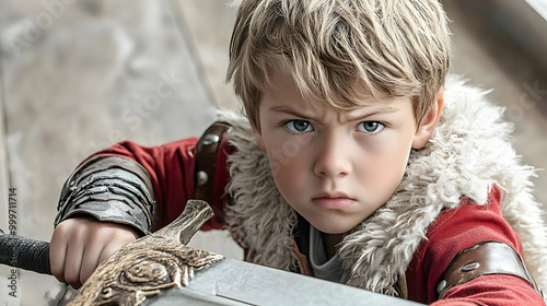A Young Boy Dressed as a Warrior Holding a Sword with a Determined Expression