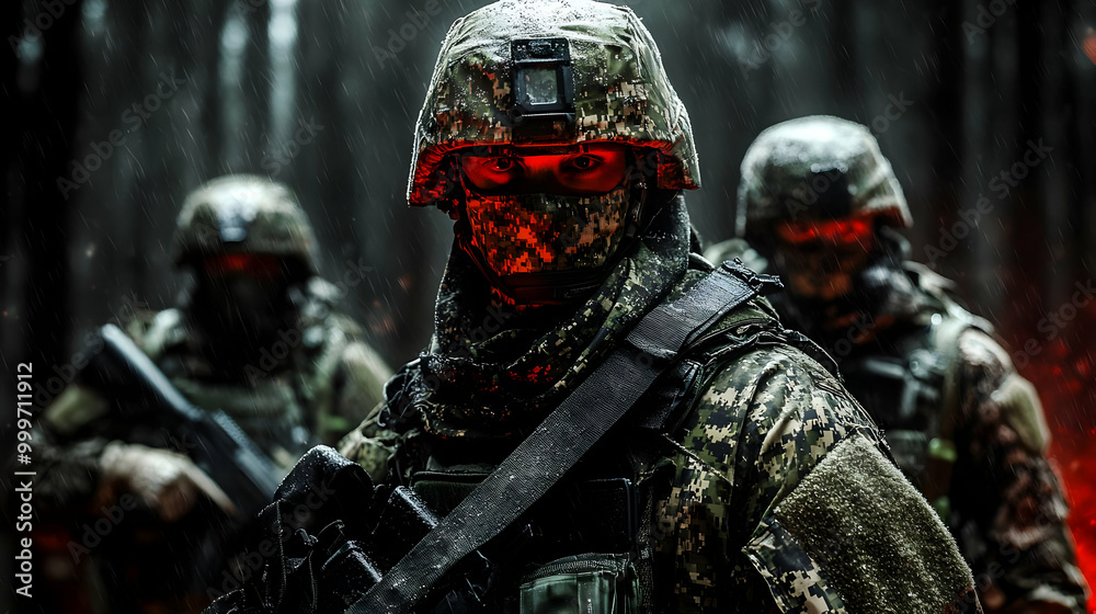 A Soldier in Camouflage Gear Stands with a Rifle in the Rain During a Military Operation A Soldier in Camouflage Gear Stands with a Rifle in the Rain During a Military Operation
