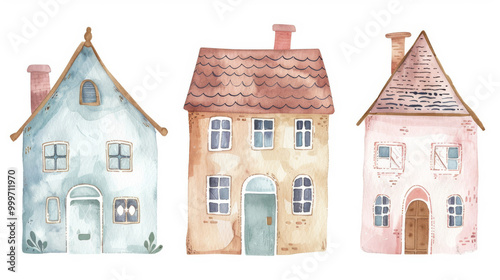 Three houses with a tree in front of them, cute watercolor illustration