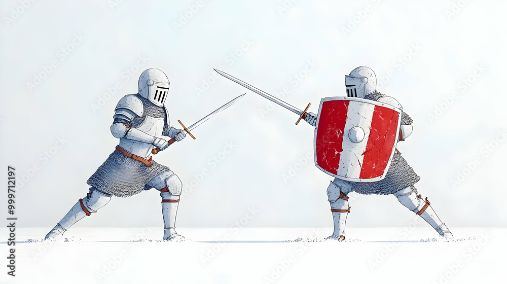Two Knights in Full Armor Engage in a Sword Fight,  One with a Shield and the Other with a Sword, Illustration
