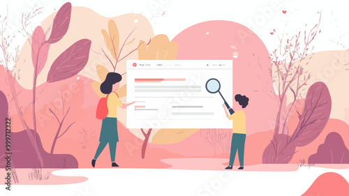 Vector Web Banner for SEO Concept with Woman and Child Analyzing Search Results, Modern Flat Design Illustration for Digital Marketing and Search Engine Optimization Themes