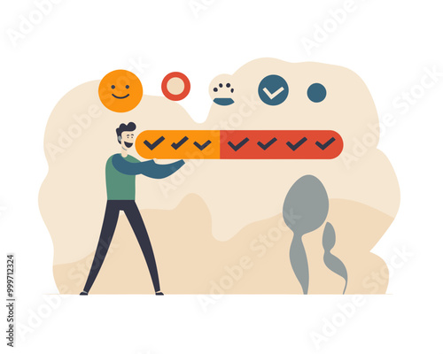 Minimalist Vector Illustration of Man Enhancing Customer Feedback Rating Scale for Excellent Service Review, Flat Design