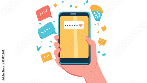 Hand Holding Smartphone Displaying New Messages Notification Vector Illustration - Modern Communication, Mobile Technology, Instant Messaging, Digital Notification Alert