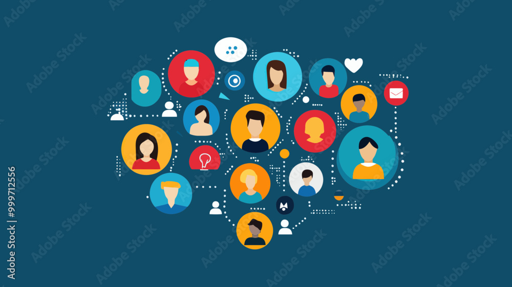 Flat Design Concept Illustration of Social Network Connections with Diverse User Avatars, Communication Bubbles, and Interaction Icons Flat Design Concept Illustration of Social Network Connections with Diverse User Avatars, Communication Bubbles, and Interaction Icons