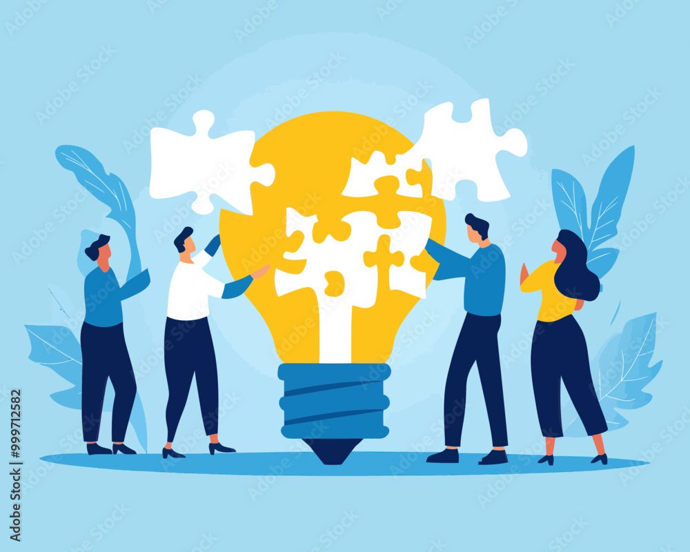 Teamwork Concept: Business People Collaborating to Solve Puzzle and Generate Ideas, Flat Minimalist Vector Illustration of a Lightbulb Jigsaw for Team Building and Success Strategy Planning Teamwork Concept: Business People Collaborating to Solve Puzzle and Generate Ideas, Flat Minimalist Vector Illustration of a Lightbulb Jigsaw for Team Building and Success Strategy Planning