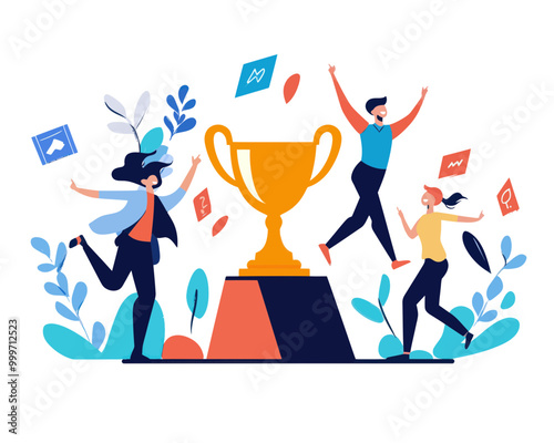 Teamwork and Career Achievement - Business Strategy and Success Concept with Business People Climbing Towards Trophy, Career Development and Team Target Vector