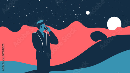 Businessman Making Call Under Starry Night Sky in Abstract Landscape, Communication, Vector Art