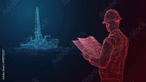 Architect Engineer with Blueprint Analyzing Gas Drilling Rig - 3D Low Poly Wireframe Vector Illustration for Construction and Petroleum Industry Concepts