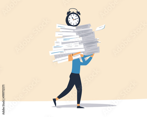 Overworked Businessman With Heavy Paperwork and Deadline Clock Depiction of Office Burnout Due to Aggressive Workload