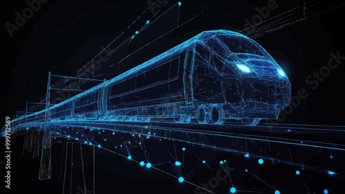3d Low Poly High-Speed Train on Rail Bridge Vector Illustration - Transport, Travelling, Logistics, Tourism Concept with Abstract Blue Particle Mesh