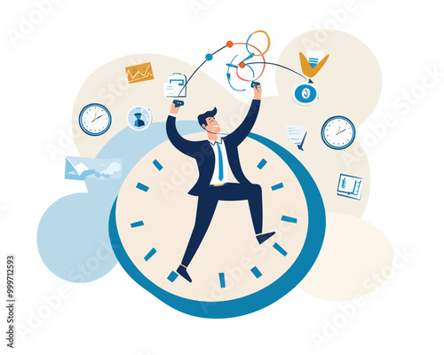 Agile Project Management Businessman Balancing Clock and Juggling Tasks Flat Minimalist SVG Vector