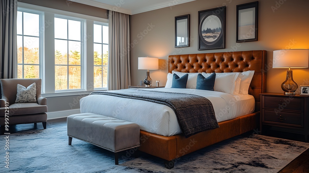 Elegant hotel room with a large bed and sophisticated decor elements Elegant hotel room with a large bed and sophisticated decor elements