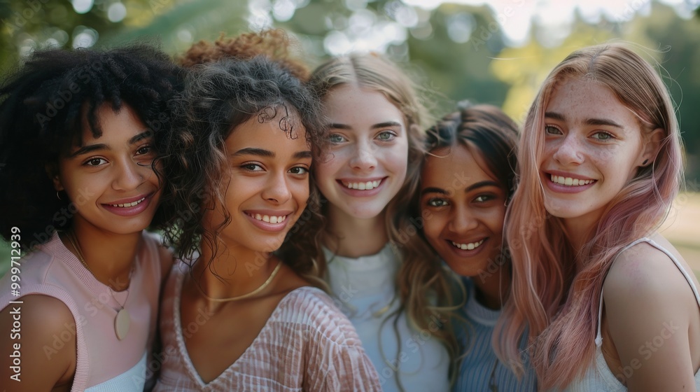 Fototapeta premium A friendly group of young women from different races, all smiling and standing closely