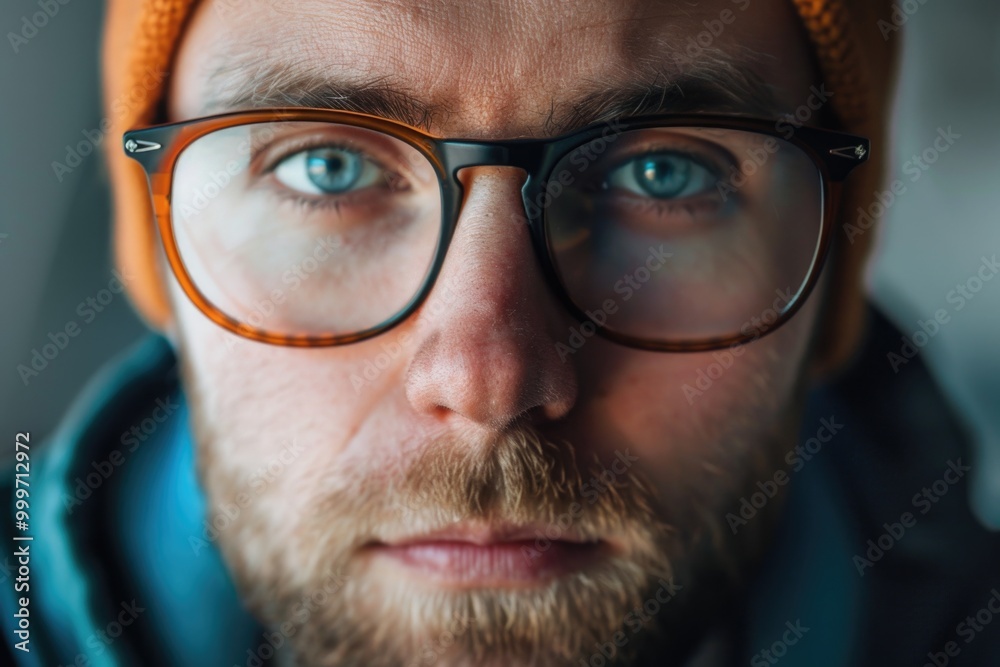 A close-up view of a person with glasses and hat, suitable for use in portraits or everyday scenes A close-up view of a person with glasses and hat, suitable for use in portraits or everyday scenes
