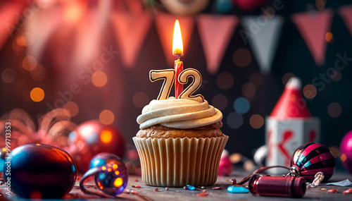 Birthday cupcake with burning lit candle with number 72. Number seventy-two for seventy-two years or seventy-second anniversary. photo