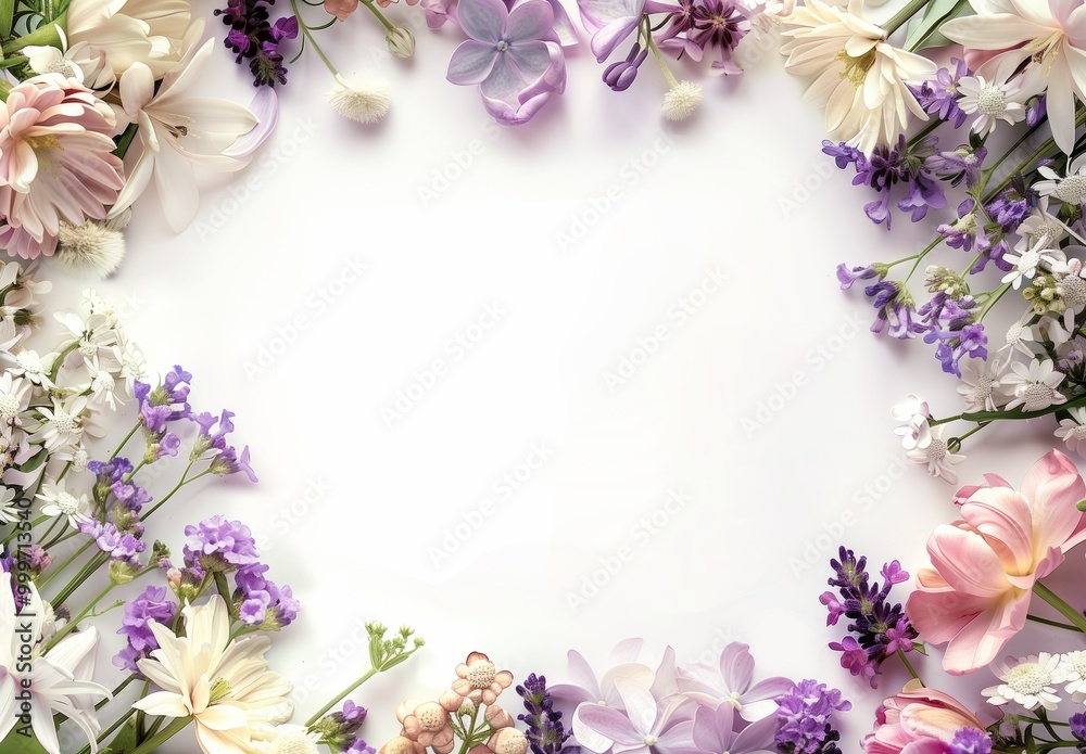 A beautiful arrangement of colorful flowers creating a soft border on a white background, perfect for springtime celebrations or invitations A beautiful arrangement of colorful flowers creating a soft border on a white background, perfect for springtime celebrations or invitations