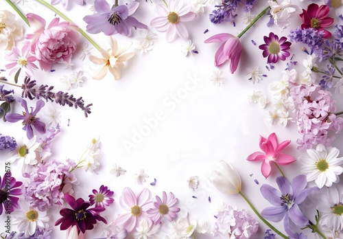 A beautiful arrangement of colorful flowers with various shapes and sizes on a clean, white background