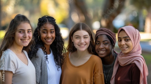 A group of friendly young women of different ethnic backgrounds, all smiling and standing closely