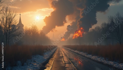  Eerie sunset over a desolate road with smoke in the distance photo