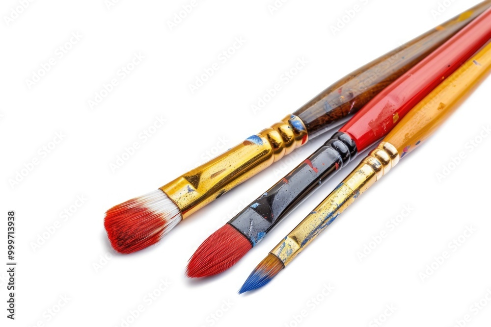 Fototapeta premium Three paintbrushes sit side by side on a clean white surface, ready for artistic use