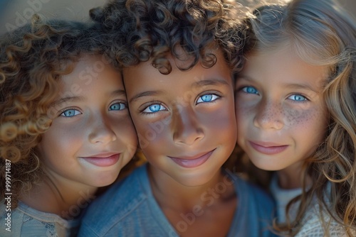 A group of three diverse children, two girls and one boy