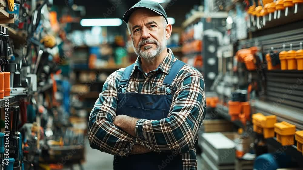 A man stands in a hardware store, arms crossed, looking directly at the camera