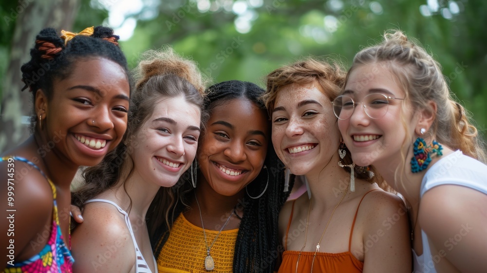A group of young women from different races, all smiling and standing closely together A group of young women from different races, all smiling and standing closely together