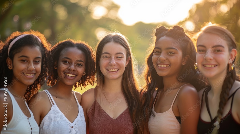 Obraz premium A group of young women of diverse ethnicities, all smiling warmly and standing close together
