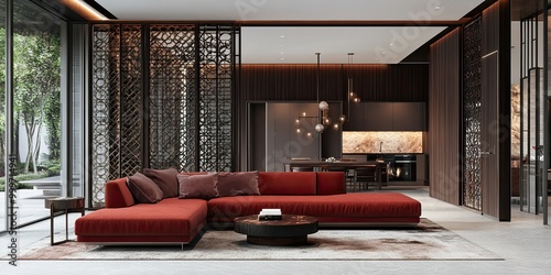 modern open plan room with luxury red soft sofa and elegant wooden partition with intricate carving  photo