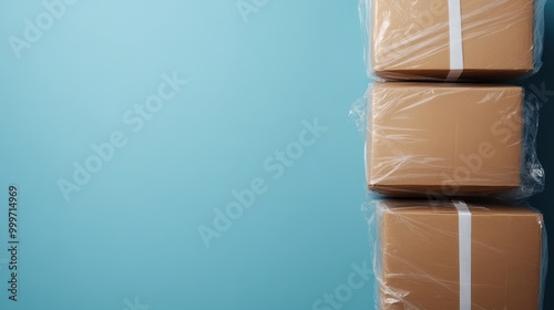 Three brown cardboard boxes are stacked vertically against a teal wall, emphasizing storage solutions, organization, and transportation readiness in a simple layout. photo