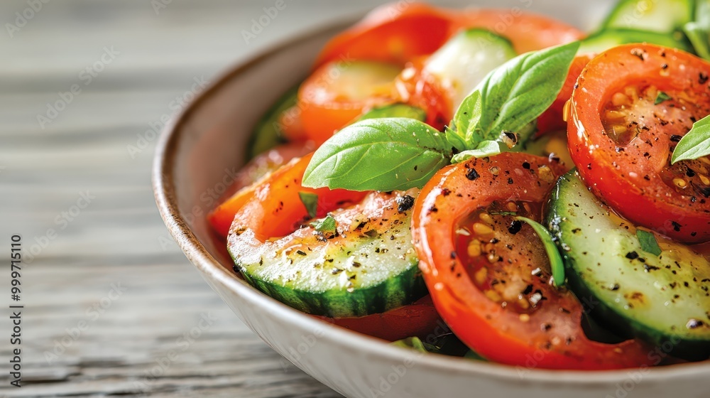 Featuring perfectly sliced tomatoes and cucumbers, this simple yet delicious salad is complemented with fresh basil leaves and a dash of spices, ideal for a light meal. Featuring perfectly sliced tomatoes and cucumbers, this simple yet delicious salad is complemented with fresh basil leaves and a dash of spices, ideal for a light meal.