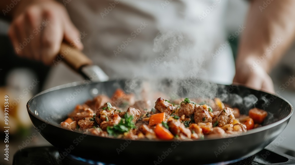 The image captures a chef cooking a hearty meal in a hot frying pan, focusing on the vibrant mix of vegetables and meat with steam rising in a professional kitchen setting. The image captures a chef cooking a hearty meal in a hot frying pan, focusing on the vibrant mix of vegetables and meat with steam rising in a professional kitchen setting.