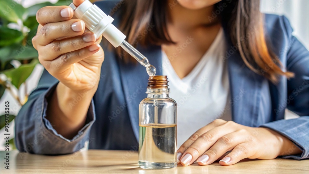 Close-up of a woman's hand holding a dropper bottle, clean white background,