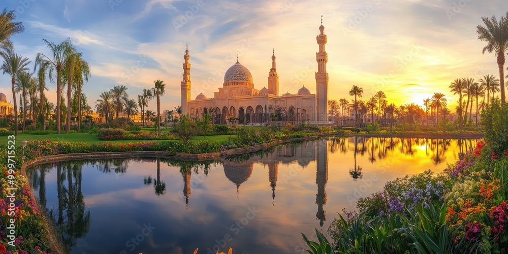Naklejka premium A serene sunset view of a mosque reflected in a tranquil pond surrounded by vibrant flowers.