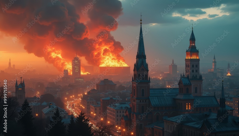 Fototapeta premium Emergency in the city Amidst the night a fire rages illuminating the skyline