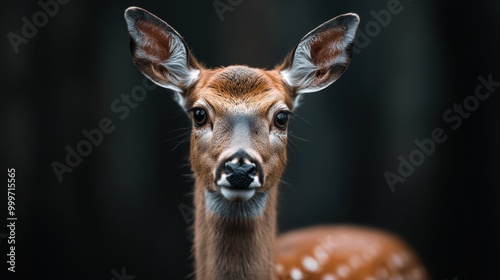 A close-up photograph of a young deer with white spots, set against a dark background, highlighting the animal's soft features and expressive eyes in stunning detail.